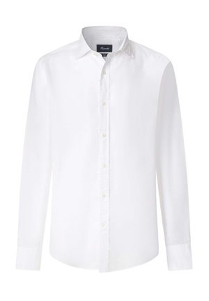 White long-sleeve button-up shirt with a pointed collar, featuring a smooth texture and round hemline. Button closures in the front.