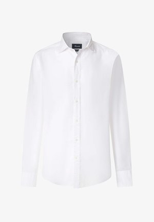 White long-sleeve button-up shirt with a pointed collar, featuring a smooth texture and round hemline. Button closures in the front.