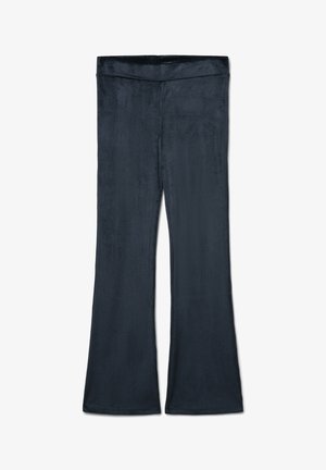 Pantaloni svasati blu navy realizzati in morbido tessuto a coste. Presentano una vita larga ed elastica e una finitura liscia e testurizzata.