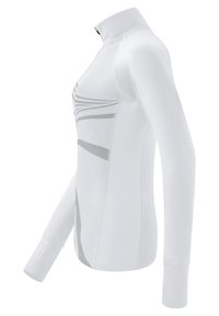 Witte langelijf sporttop met een hoge kraag, voorzien van grijze diagonale strepen en naadloze stiksels. Rekbare, lichte stof.
