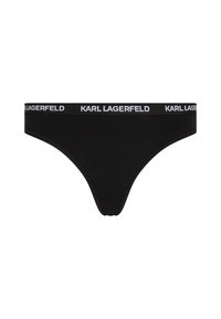 Czarne stringi z elastycznym paskiem na brzuchu z powtarzającym się białym napisem "KARL LAGERFELD".