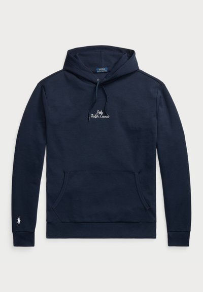 Marinblå hoodie i bomullsblandning. Har en justerbar huva, framficka och broderad logotyp på bröstet. Enkelt design.