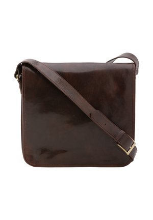 Bruine leren schoudertas met een glanzende afwerking, verstelbare schouderriem en een eenvoudig, rechthoekig ontwerp. Heeft minimale hardwareaccenten.