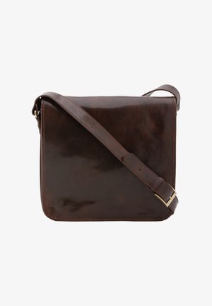 Sac messager en cuir marron avec une finition brillante, une bandoulière réglable et un design simple et rectangulaire. Présente des accents en matériel minimal.