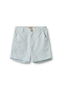 Ljusblåa shorts i mjukt tyg, med knappstängning, två framfickor och en enkel design med en lätt texturerad yta.