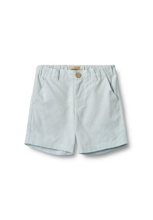 Shorts bleu clair en tissu doux, dotés d'une fermeture à bouton, de deux poches avant et d'un design simple avec une finition légèrement texturée.