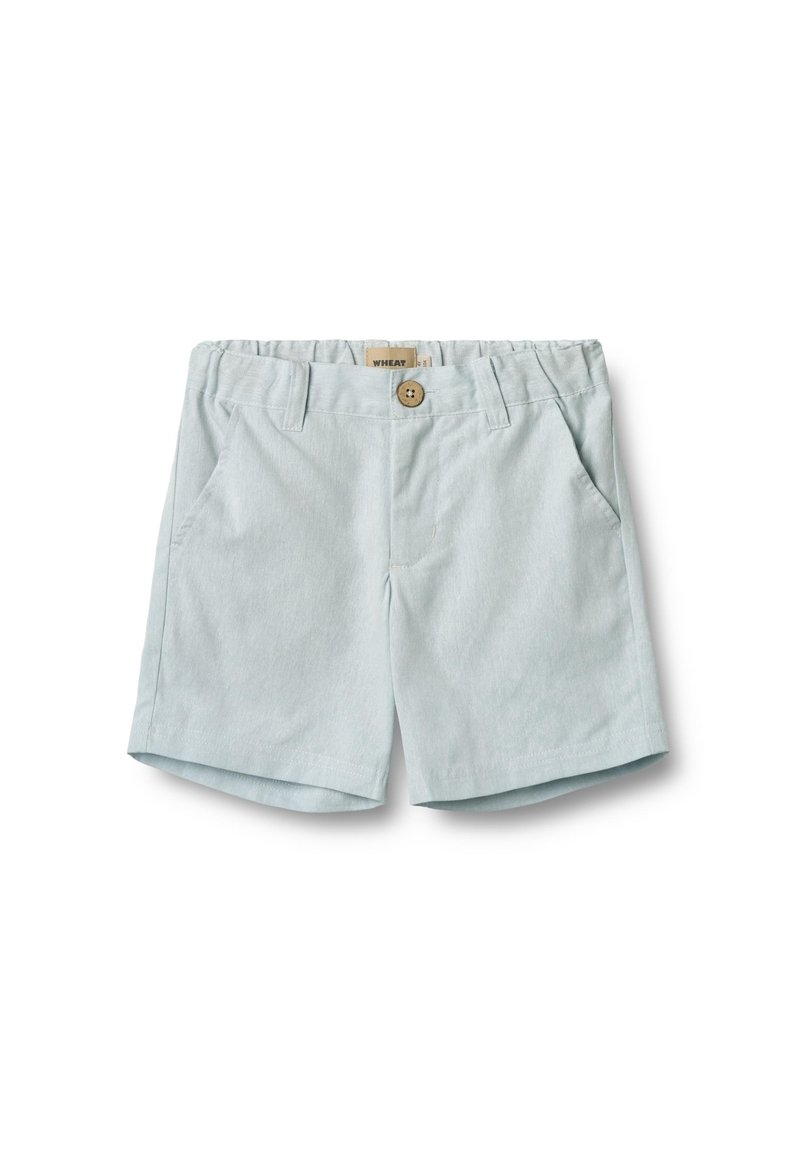 Ljusblåa shorts i mjukt tyg, med knappstängning, två framfickor och en enkel design med en lätt texturerad yta.