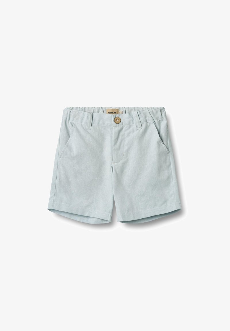 Hellblaue Shorts aus weichem Stoff, mit einem Knopfverschluss, zwei Fronttaschen und einem schlichten Design mit leicht strukturiertem Finish.