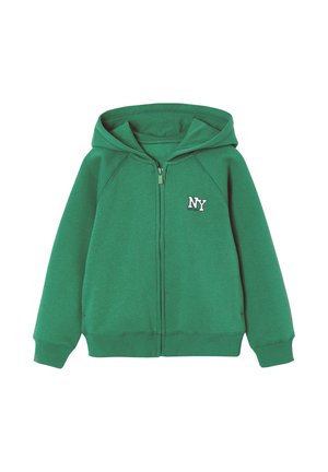 Green hooded zip-up sweatshirt with "NY" logo on the left chest, long sleeves, and ribbed cuffs and hem.