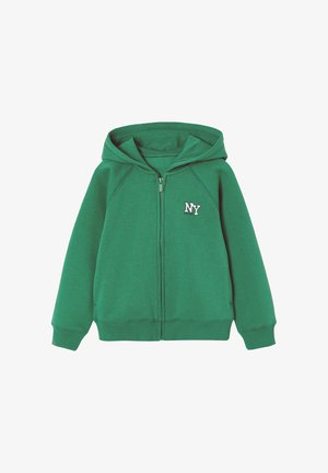 Green hooded zip-up sweatshirt with "NY" logo on the left chest, long sleeves, and ribbed cuffs and hem.