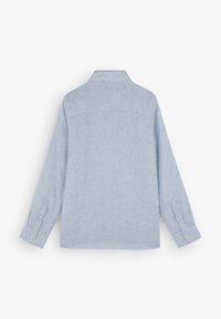 Lichtblauw en wit gestreept langemouwen shirt, met een puntige kraag, knoopmanchetten en een recht model op een zachte stof.