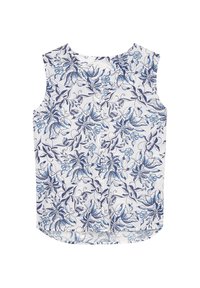 Top senza maniche bianco con motivo floreale blu, caratterizzato da un collo rotondo e un orlo curvo. Tessuto leggero con una consistenza morbida.