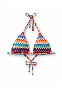 Haut de bikini triangle avec motif zigzag multicolore dans des nuances d’orange, bleu, rouge, vert et blanc, noué au niveau du cou et du dos.