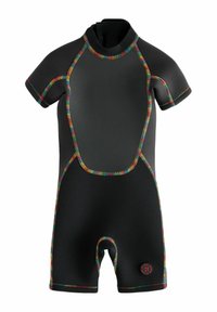 Black short-sleeve wetsuit with colorful rainbow stitching along seams and a small red circular logo near the left leg.