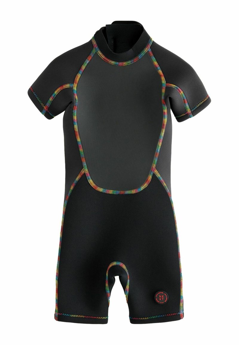 Black short-sleeve wetsuit with colorful rainbow stitching along seams and a small red circular logo near the left leg.
