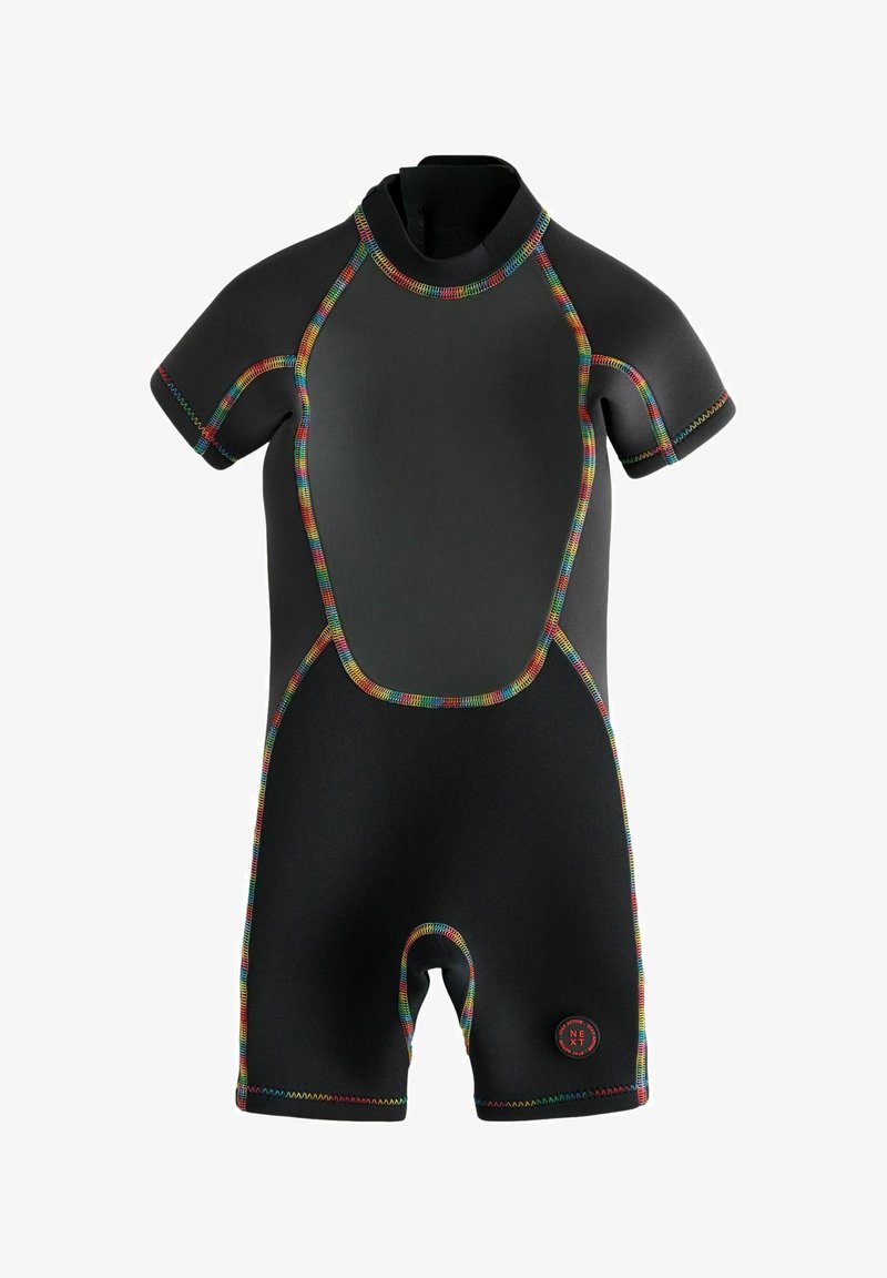 Black short-sleeve wetsuit with colorful rainbow stitching along seams and a small red circular logo near the left leg.