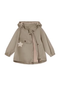 Khaki jakke med hætte, elastiske manchetter, lynlås og trykknapslukning, forlommer og et stjernesymboletikette. Fodret med blødt rosa stof.