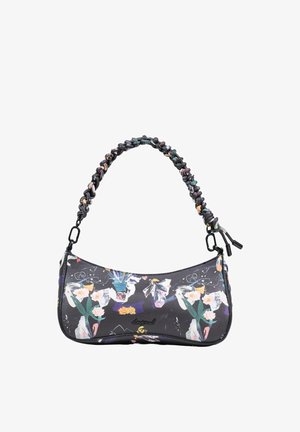 Geantă neagră de umăr cu imprimeu floral abstract colorat și curea împletită, având un mic logo în centrul din față.