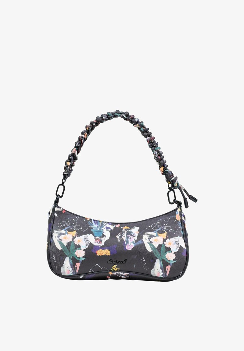 Sac épaule noir avec imprimé floral abstrait coloré et bandoulière tressée, avec un petit logo au centre à l'avant.
