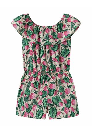 Beżowy kombinezon z elastyczną talią i falbaną na ramionach, ozdobiony wzorem zielonych tropikalnych liści i różowych kwiatów hibiskusa.