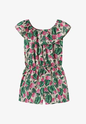 Beiger Overall mit elastischem Taillengürtel und schulterfreiem Volant, verziert mit einem Muster aus grünen tropischen Blättern und pinken Hibiskusblüten.