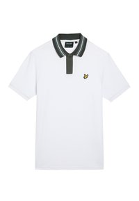 Hvid polo t-shirt med en kontrasterende mørkegrøn krave og kanter. Har et lille gult broderet logo på brystet. Korte ærmer, blanding af bomuld.