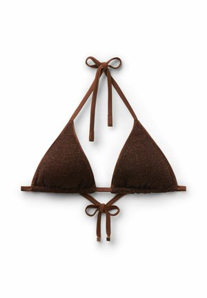 Bruin driehoekbikinitopje met halternek en strikjes aan de achterkant, met een subtiele gestructureerde stof en metalen uiteinden aan de onderste strikjes.