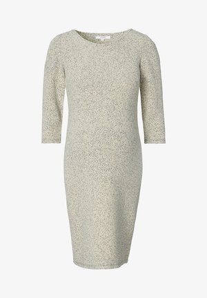 Knielanges Kleid aus leicht beigem Stoff mit einem gesprenkelten Muster, rundem Ausschnitt und Dreiviertelärmeln. Glatte, leicht strukturierte Oberfläche.