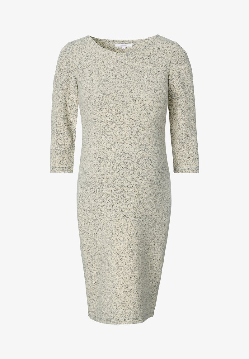 Knälång klänning i ljusbeige tyg med ett fläckigt mönster, rundad halsringning och trekvart ärmar. Slät, något strukturerad yta.