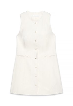 Abito senza maniche in lino bianco sporco, con chiusura a bottoni sul davanti, due tasche laterali e scollatura strutturata. Tessuto morbido.
