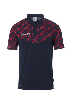Marine polo skjorte med rød dynamisk mønster på toppen, korte ærmer og krave med to knapper; har broderet "uhlsport" logo på fronten.