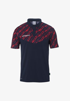 Marine polo skjorte med rød dynamisk mønster på toppen, korte ærmer og krave med to knapper; har broderet "uhlsport" logo på fronten.