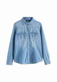 Light blue denim shirt with long sleeves, snap buttons, two chest pockets, and a collar. Texture appears smooth with subtle fading.