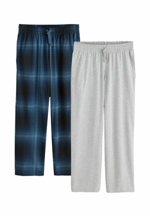Zwei Paar Pyjamahosen mit elastischem Bund und Kordelzug, eines in blau-schwarz kariert, das andere uni hellgrau.