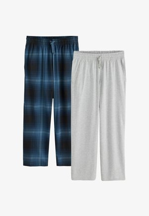 Zwei Paar Pyjamahosen mit elastischem Bund und Kordelzug, eines in blau-schwarz kariert, das andere uni hellgrau.