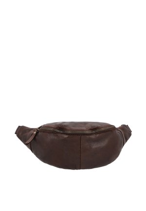 Brown leather fanny pack with a textured surface, rounded shape, and a top zipper closure. Features a side strap for secure wear.
