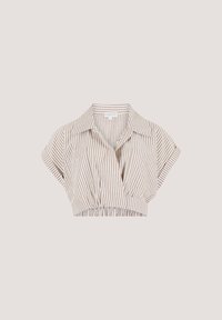 Camisa corta de manga corta y recortada en tejido a rayas beige y blanco, con un cuello tipo camisa y cintura fruncida para un ajuste relajado.
