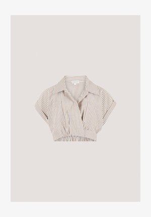 Kurzärmliges, kurzes Shirt aus gestreiftem beige-weißen Stoff, mit einem Kragen und gesmoktem Bund für eine lockere Passform.