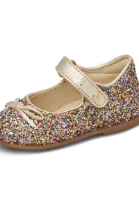 Zapato tipo Mary Jane para niña con parte superior de purpurina multicolor, correa y ribete dorados, pequeño lazo en la punta y suela de goma.
