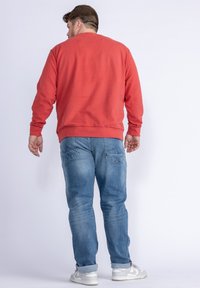 Rode katoenen sweatshirt met een ronde hals en geribbelde manchetten, gecombineerd met lichtblauwe denim jeans en witte sneakers, gezien vanaf de achterkant.