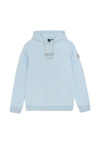 Lichtblauwe hoodie met een voorzak, trekkoorden bij de hals en een logo op de borst. Zacht materiaal en geribbelde manchetten.