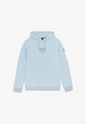 Jasnoniebieska bluza z kapturem, z kieszenią z przodu, sznurkami przy szyi oraz logo na klatce piersiowej. Miękki materiał i ściągacze przy mankietach.