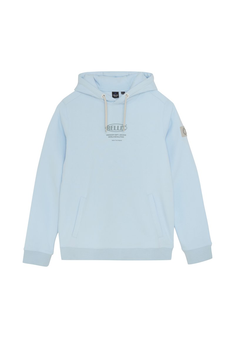 Sweat à capuche bleu clair avec une poche frontale, des cordons au niveau du cou, et un logo sur la poitrine. Matériau doux et poignets côtelés.