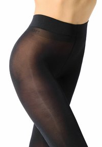Czarne, nieprzezroczyste legginsy z teksturowanym pasem. Materiał wydaje się gładki i elastyczny, dopasowujący się do kształtu ciała.