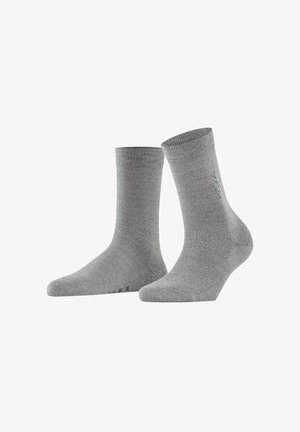 Graue Baumwollsocken mit einem strukturierten, gerippten Bündchen, mittellangem Design und einem Logo. Glatte Oberfläche mit verstärkter Zehen- und Fersenpartie.