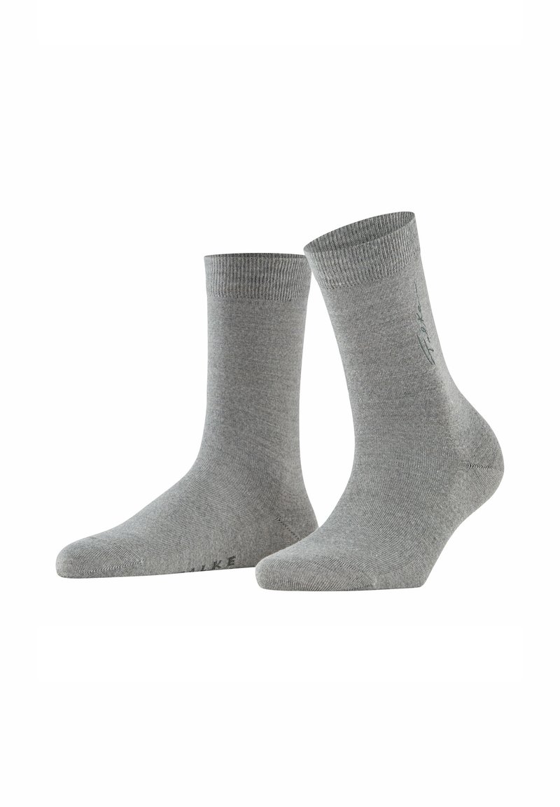 Calze di cotone grigie con un bordo strutturato a coste, design di lunghezza media e un logo. Superficie liscia con punta e tallone rinforzati.