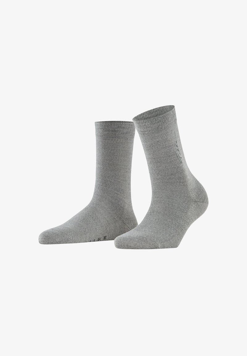 Calze di cotone grigie con un bordo strutturato a coste, design di lunghezza media e un logo. Superficie liscia con punta e tallone rinforzati.