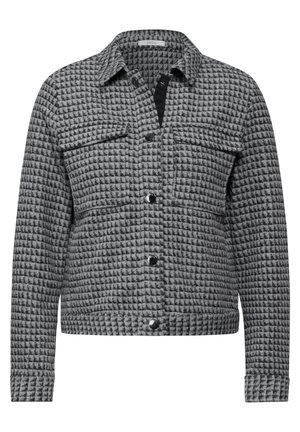 Gray checkered jacket with a textured fabric, featuring a button-up front, two chest pockets, and a collar. Black hardware accents.