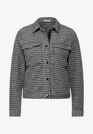 Grijze geblokte jas van een textuurstof, met een knoopsluiting aan de voorkant, twee borstzakken en een kraag. Zwarte hardware-accenten.