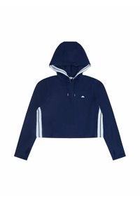 Sudadera recortada de color azul marino, hecha de una tela suave, con forro interior de capucha blanco y rayas laterales blancas, manga larga y cordones ajustables.